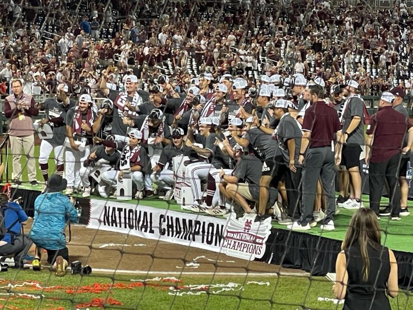 Mississippi State fans celebrate the Bulldogs’ national championship victory in the College World Series.
 